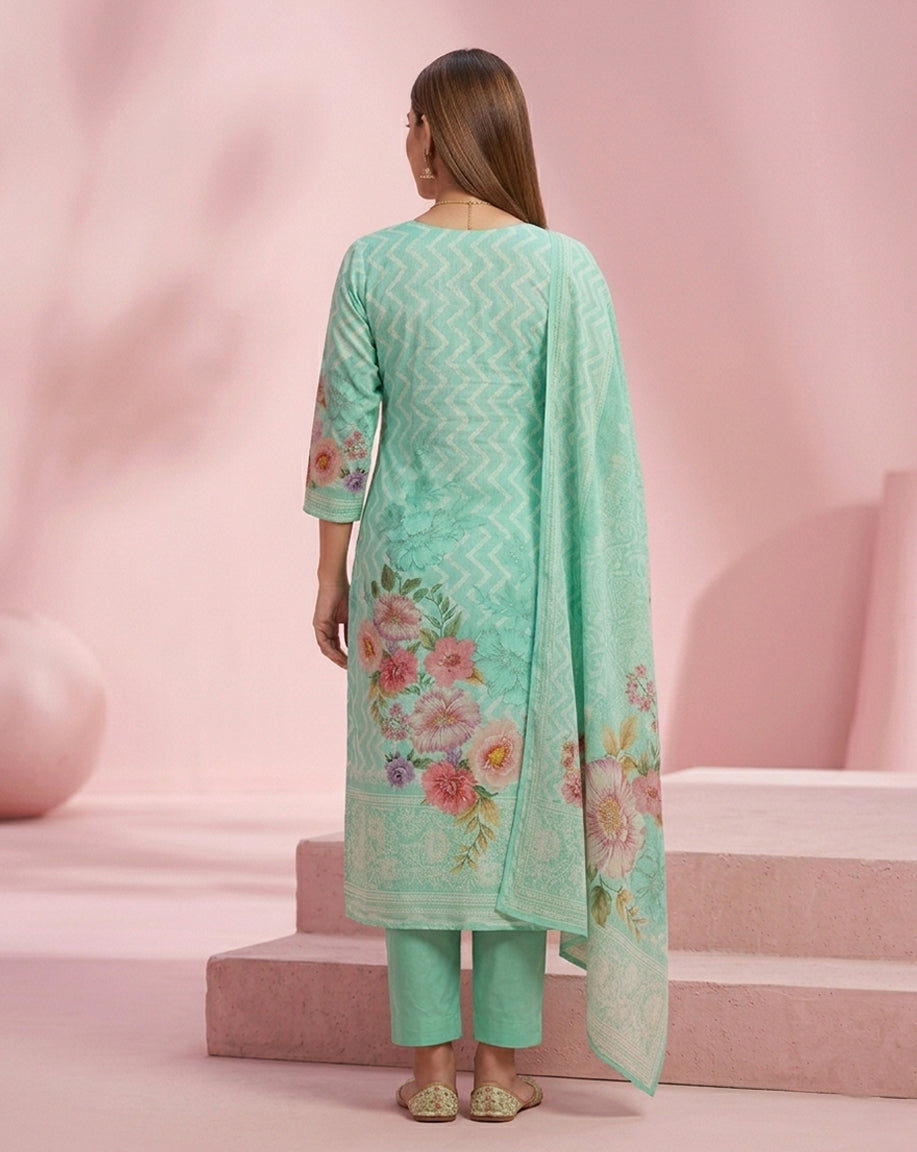 Mint Green Chevron Floral Print Straight Kurta Set
