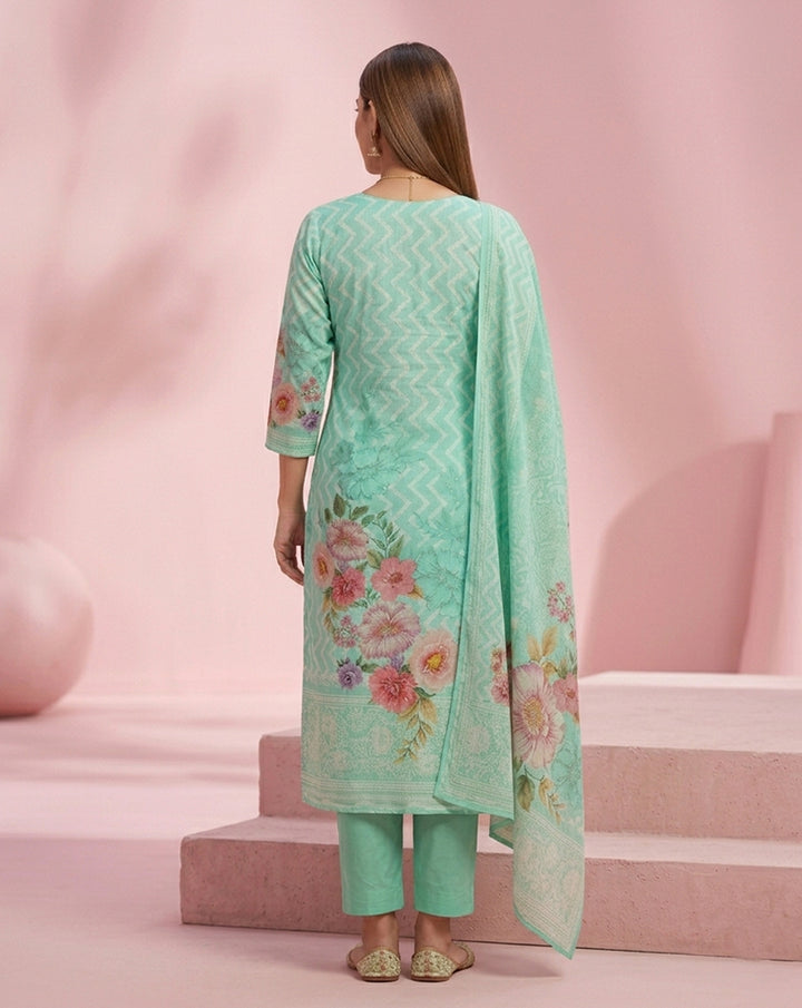 Mint Green Chevron Floral Print Straight Kurta Set