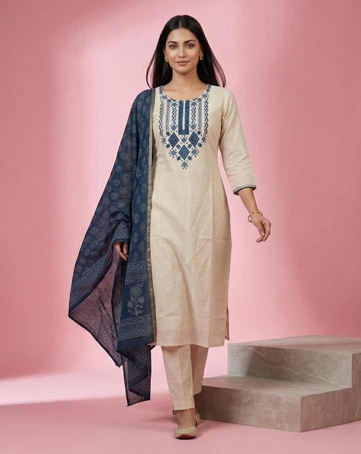 Cream Blue Geometric Embroidered Straight Kurta Set