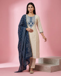 Cream Blue Geometric Embroidered Straight Kurta Set 2