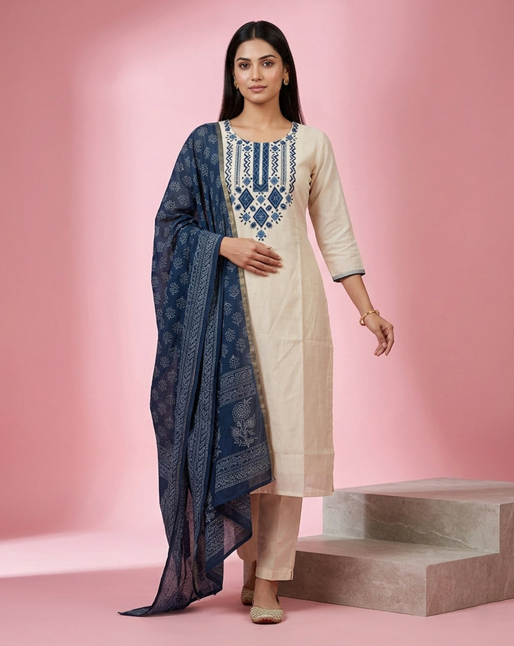 Cream Blue Geometric Embroidered Straight Kurta Set