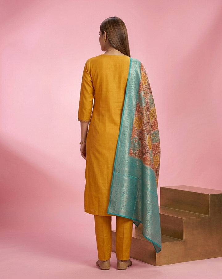 Mustard Floral Buti Embroidered Kurta Set with Banarasi Dupatta