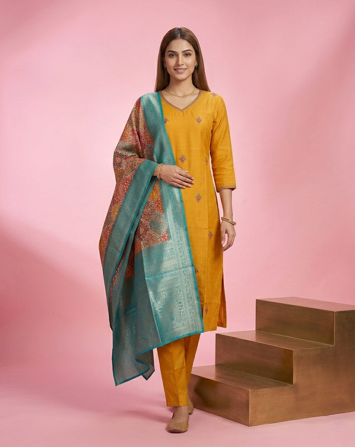 Mustard Floral Buti Embroidered Kurta Set with Banarasi Dupatta