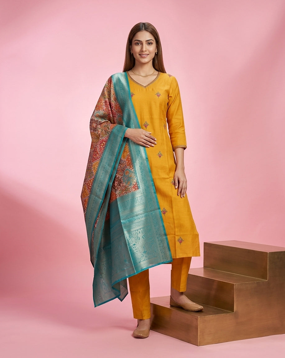 Mustard Floral Buti Embroidered Kurta Set with Banarasi Dupatta