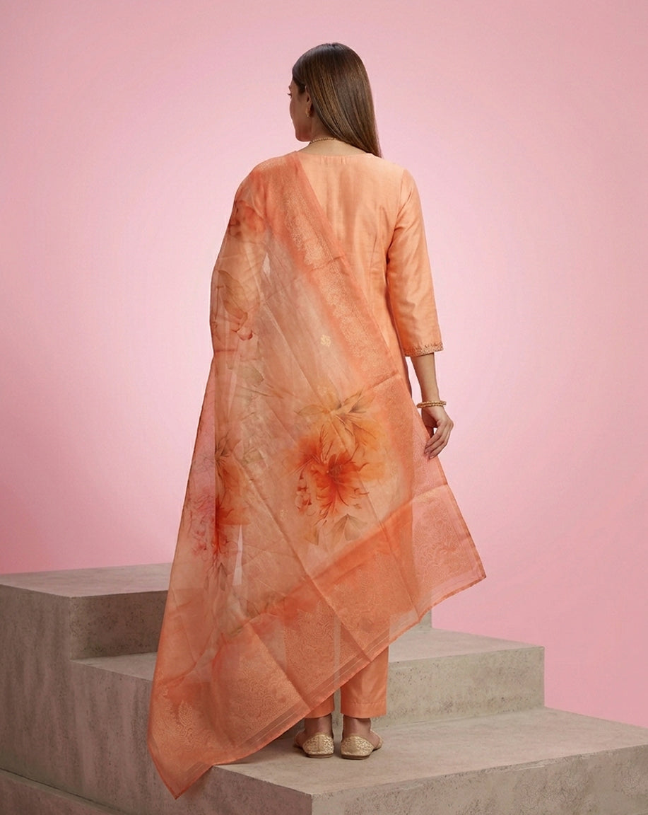 Peach Floral Buti Embroidered Straight Kurta Set