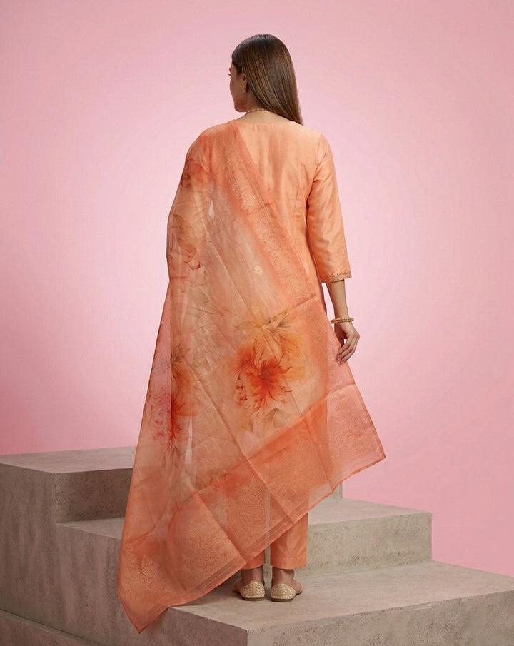 Peach Floral Buti Embroidered Straight Kurta Set