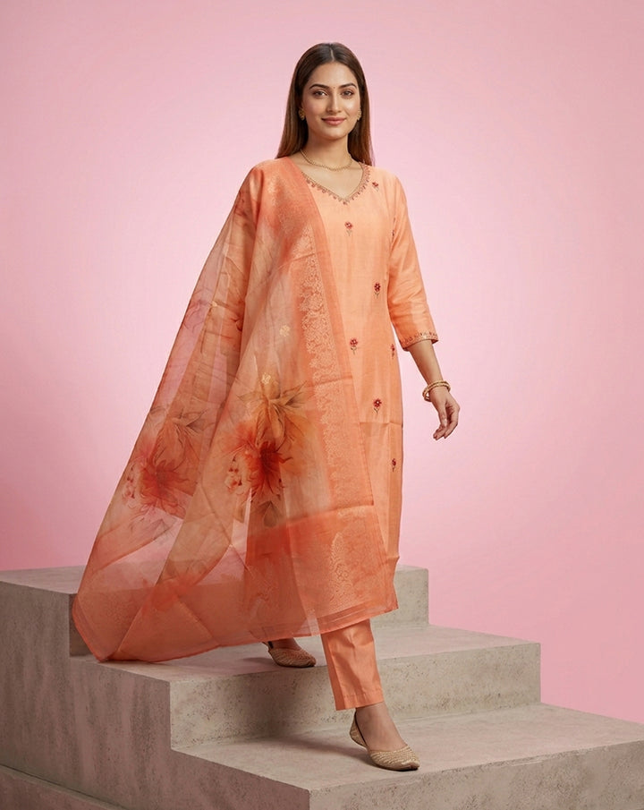 Peach Floral Buti Embroidered Straight Kurta Set