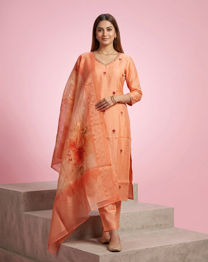 Peach Floral Buti Embroidered Straight Kurta Set