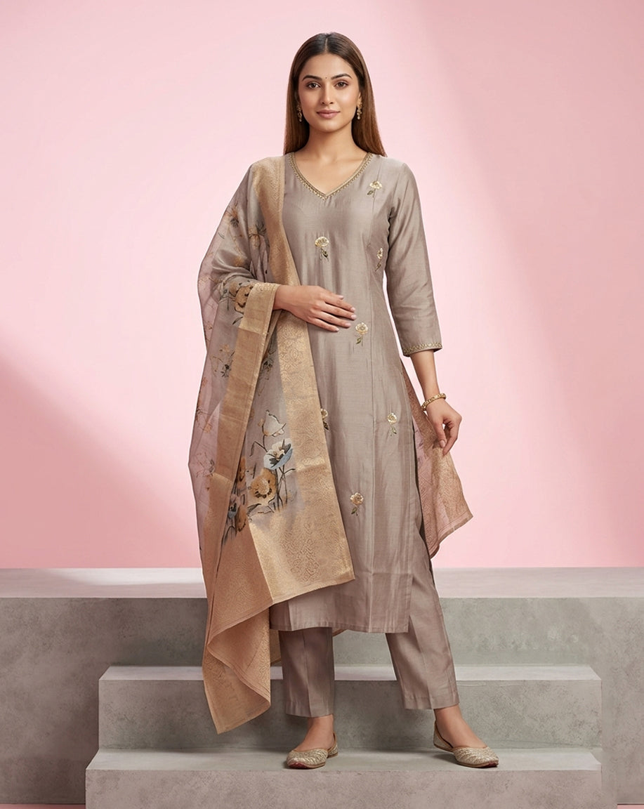 Grey Floral Buti Embroidered Straight Kurta Set