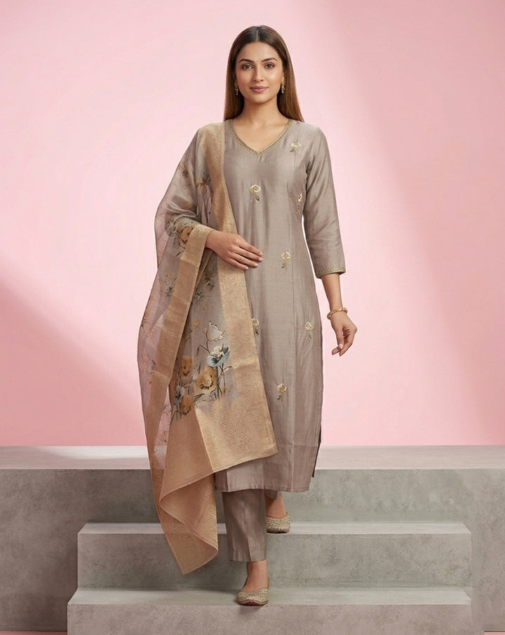 Grey Floral Buti Embroidered Straight Kurta Set