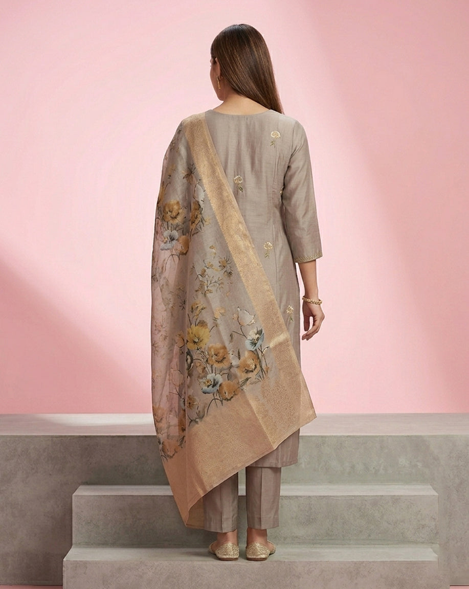 Grey Floral Buti Embroidered Straight Kurta Set