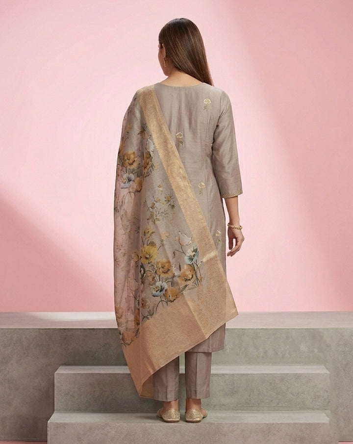 Grey Floral Buti Embroidered Straight Kurta Set
