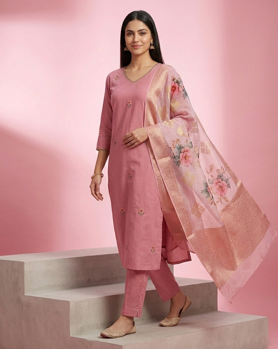 Rose Pink Floral Buti Embroidered Kurta Set with Banarasi Dupatta