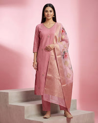 Rose Pink Floral Buti Embroidered Kurta Set with Banarasi Dupatta 1