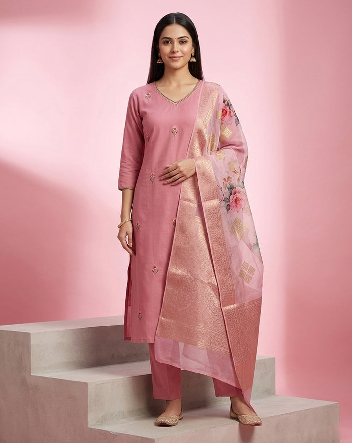 Rose Pink Floral Buti Embroidered Kurta Set with Banarasi Dupatta