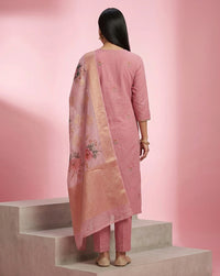 Rose Pink Floral Buti Embroidered Kurta Set with Banarasi Dupatta 2