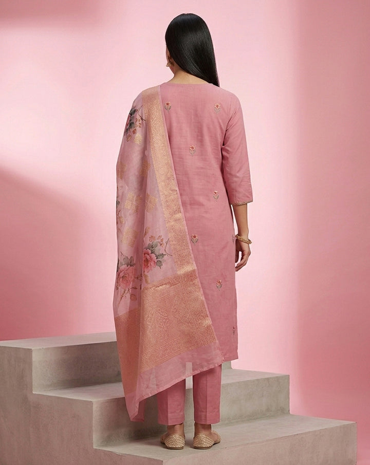 Rose Pink Floral Buti Embroidered Kurta Set with Banarasi Dupatta