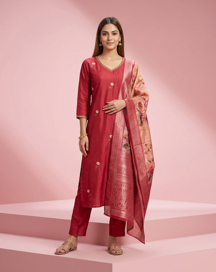 Crimson Floral Buti Embroidered Straight Kurta Set