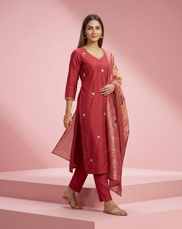 Crimson Floral Buti Embroidered Straight Kurta Set