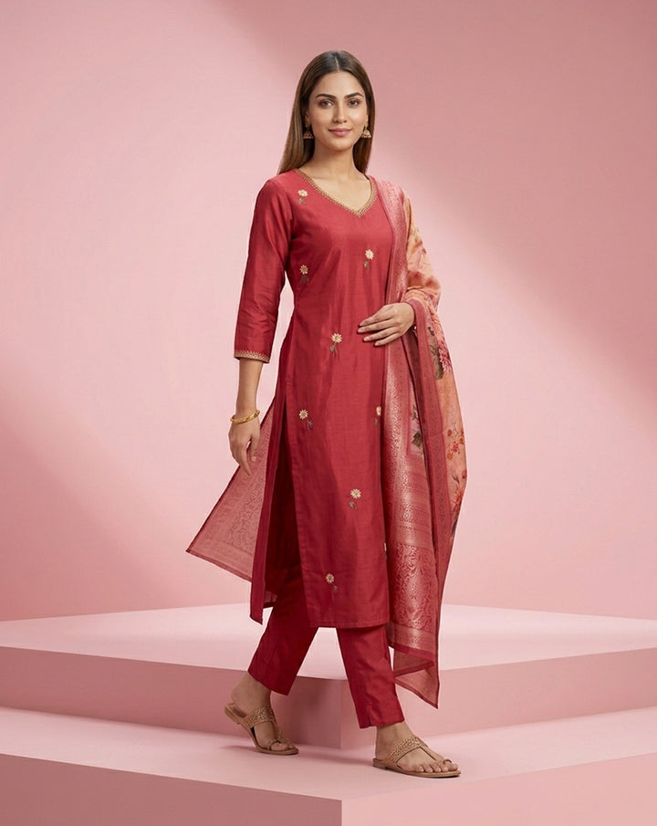 Crimson Floral Buti Embroidered Straight Kurta Set