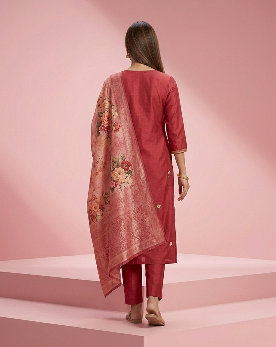 Crimson Floral Buti Embroidered Straight Kurta Set