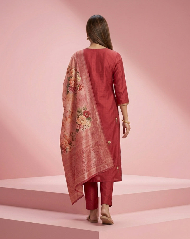 Crimson Floral Buti Embroidered Straight Kurta Set
