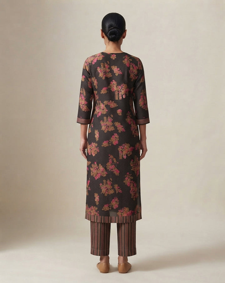 Black "Midnight Blossom" Printed Cotton Kurta &amp; Pant Set