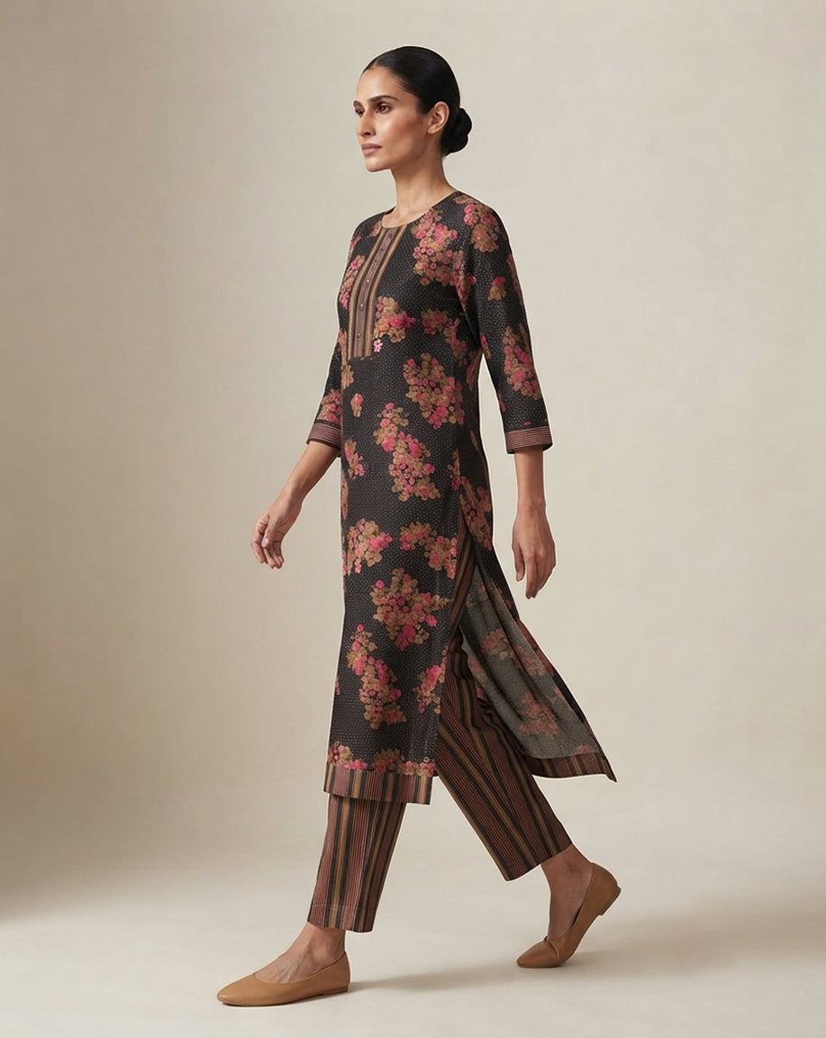 Black "Midnight Blossom" Printed Cotton Kurta &amp; Pant Set