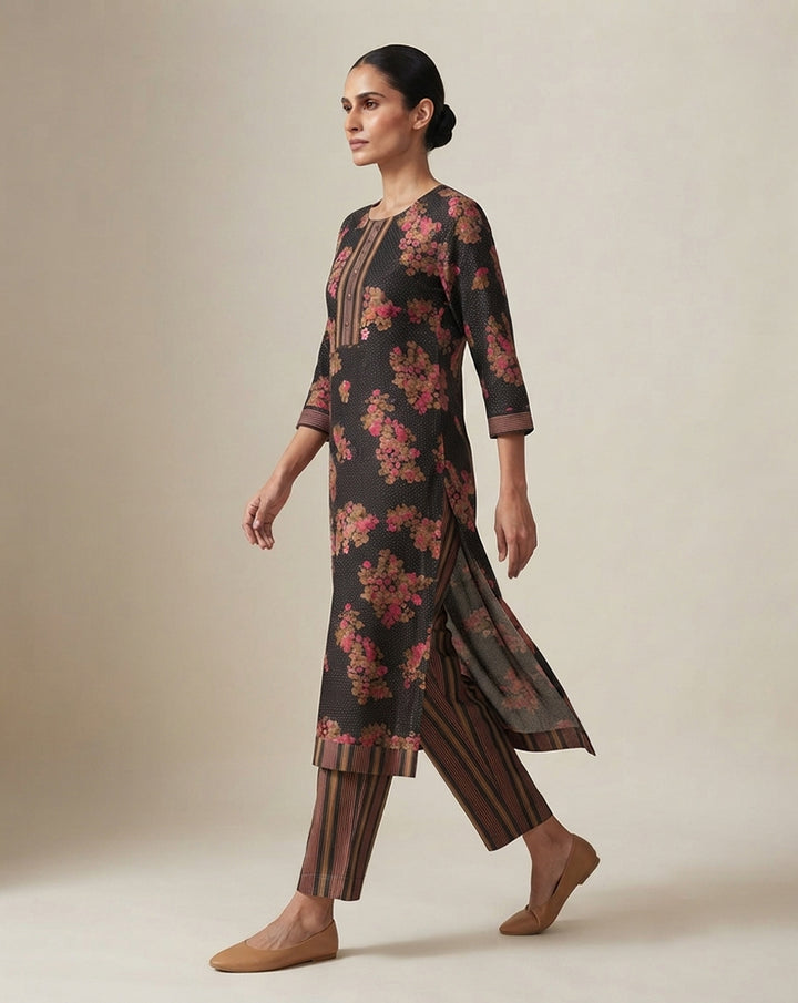 Black "Midnight Blossom" Printed Cotton Kurta &amp; Pant Set