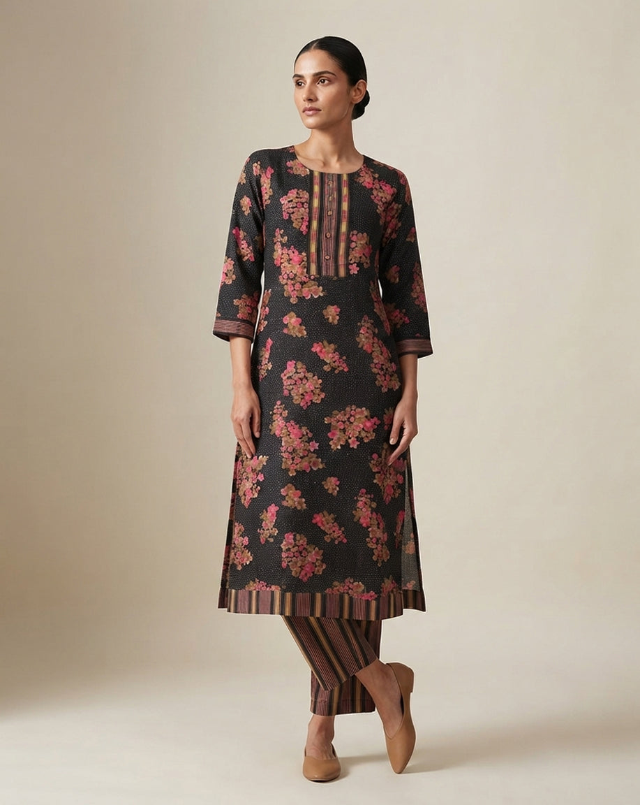Black "Midnight Blossom" Printed Cotton Kurta &amp; Pant Set