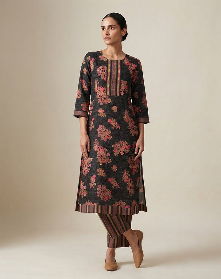 Black "Midnight Blossom" Printed Cotton Kurta &amp; Pant Set