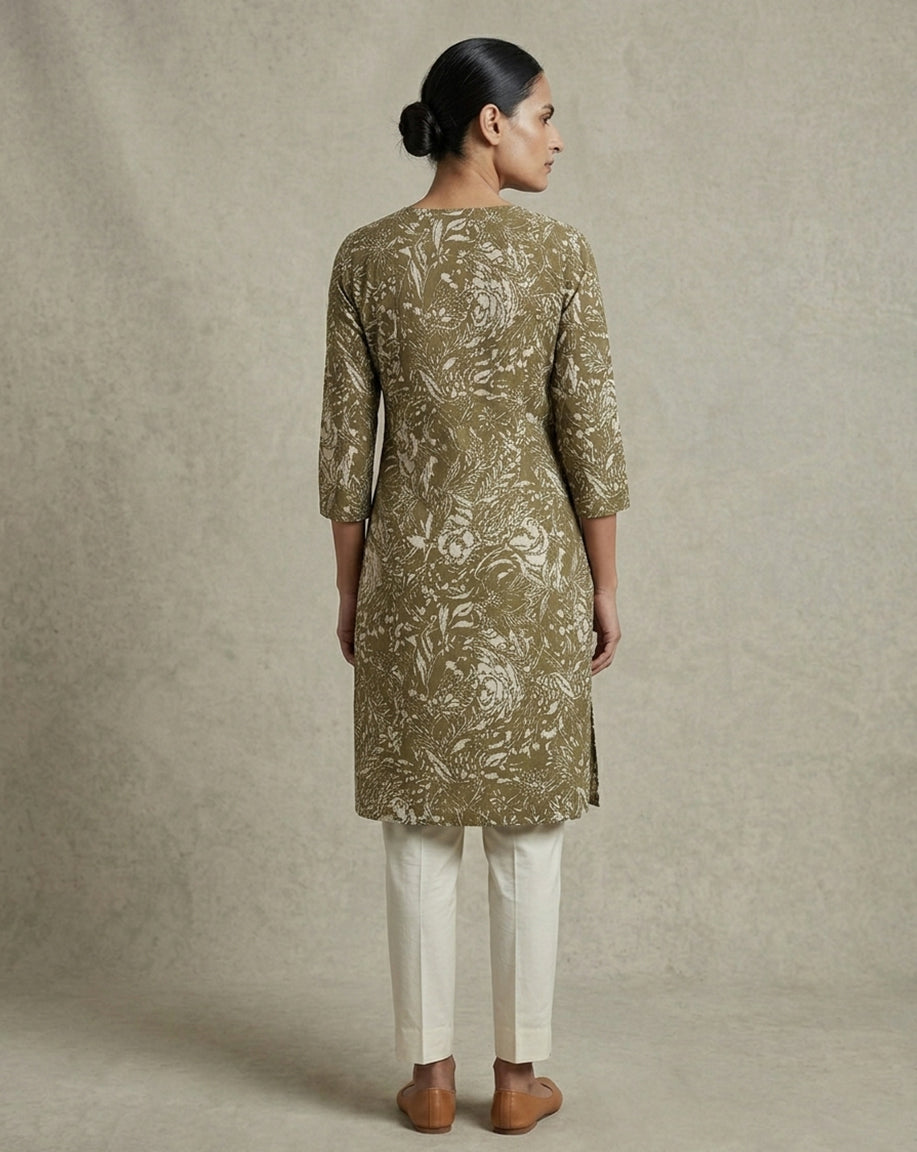 Dark Charcoal &amp; Rose Pink Floral V-Neck Straight Kurti