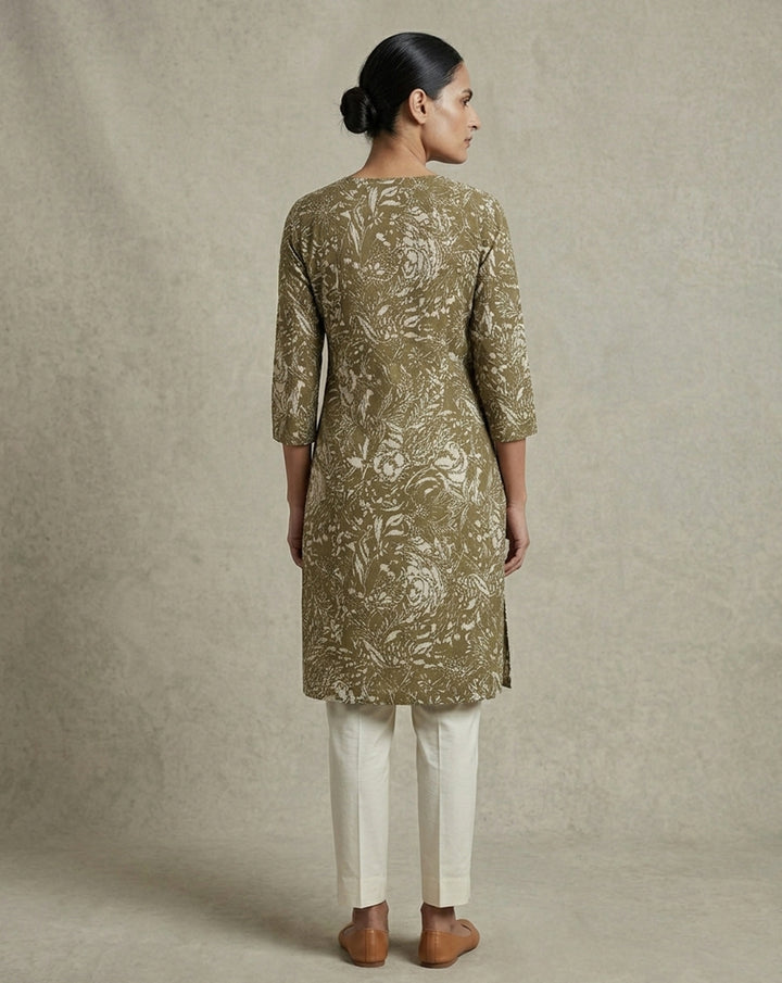 Dark Charcoal &amp; Rose Pink Floral V-Neck Straight Kurti