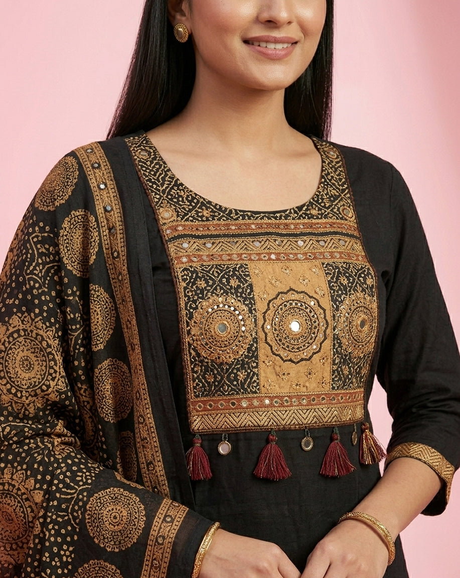 Black Gold Mandala Embroidered Tassel Straight Kurta Set