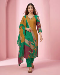 Green Mustard Colour-Block Bold Floral Kurta Set 1
