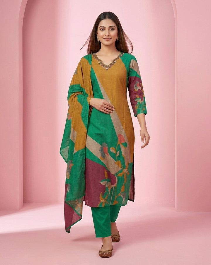 Green Mustard Colour-Block Bold Floral Kurta Set