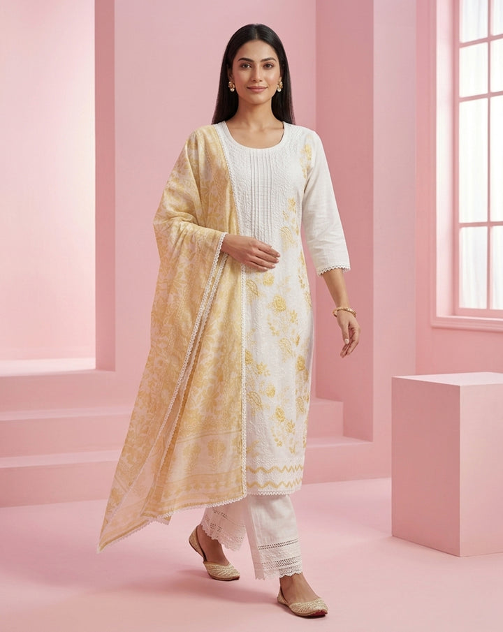 Off-White &amp; Yellow "Golden Aura" Printed &amp; Embroidered Cotton Kurta Set with Dupatta
