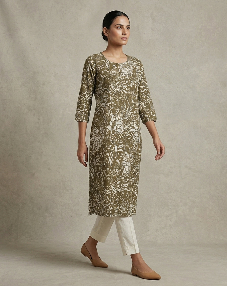 Dark Charcoal &amp; Rose Pink Floral V-Neck Straight Kurti