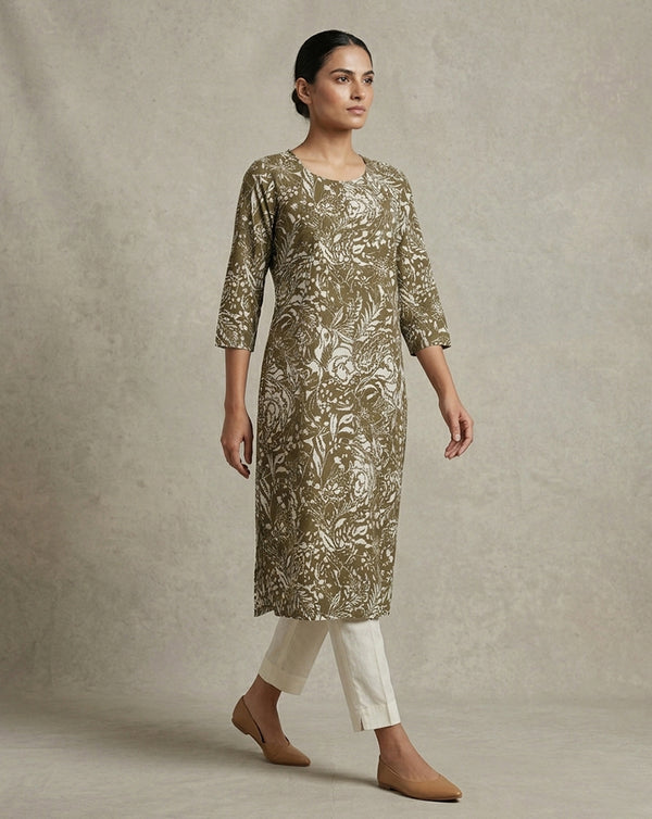 Dark Charcoal & Rose Pink Floral V-Neck Straight Kurti