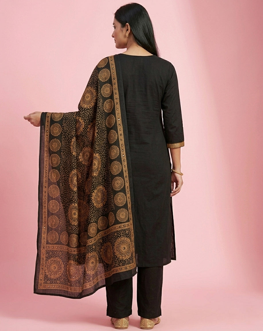 Black Gold Mandala Embroidered Tassel Straight Kurta Set