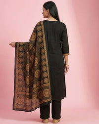Black Gold Mandala Embroidered Tassel Straight Kurta Set 3
