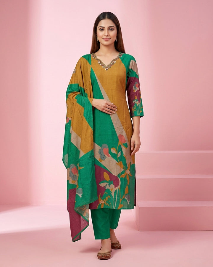 Green Mustard Colour-Block Bold Floral Kurta Set