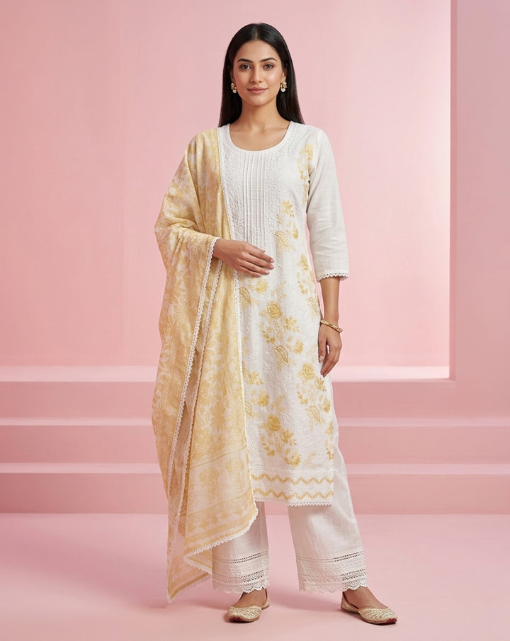 Off-White &amp; Yellow "Golden Aura" Printed &amp; Embroidered Cotton Kurta Set with Dupatta