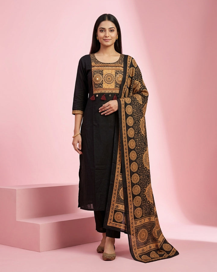Black Gold Mandala Embroidered Tassel Straight Kurta Set