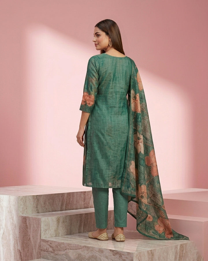 Teal Poppy Floral Print V-Neck Embellished Kurta Set