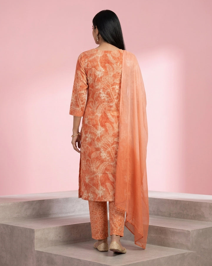 Peach "Sunset Glow" Printed &amp; Sequined Chanderi Kurta Set with Dupatta