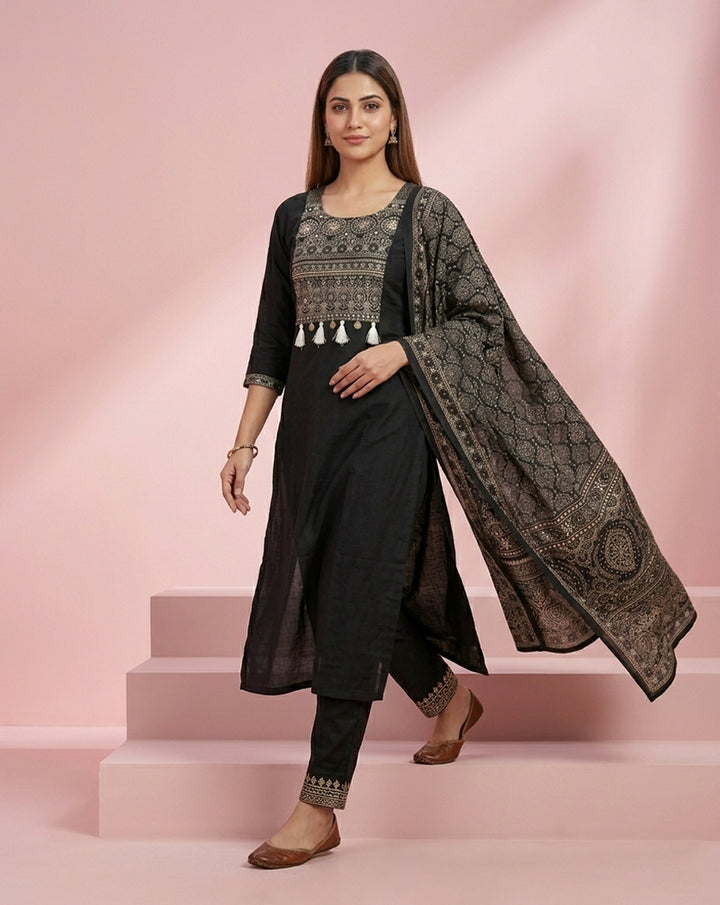 Black Silver Embroidered Tassel Straight Kurta Set