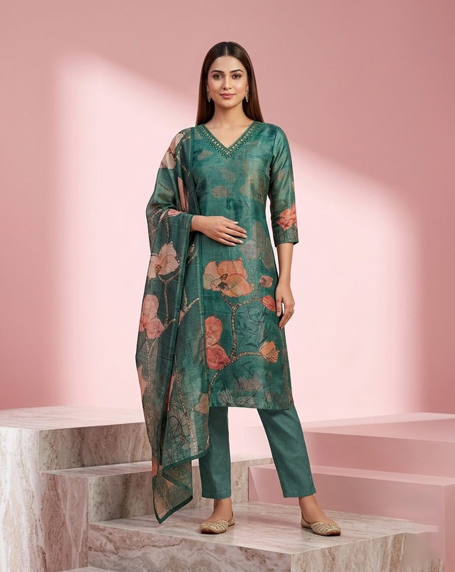 Teal Poppy Floral Print V-Neck Embellished Kurta Set