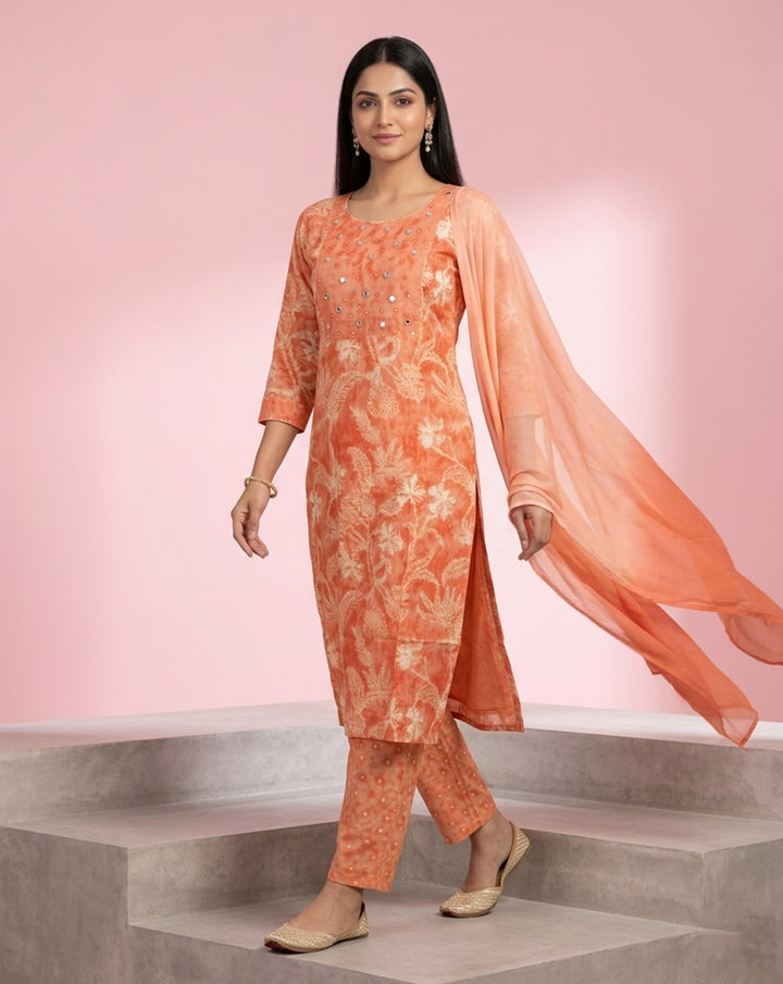 Peach "Sunset Glow" Printed &amp; Sequined Chanderi Kurta Set with Dupatta