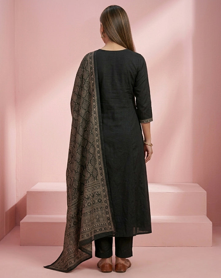 Black Silver Embroidered Tassel Straight Kurta Set
